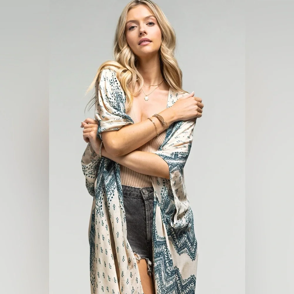 15. Bohemian Boho blue cream kimono - Picture 4 of 6